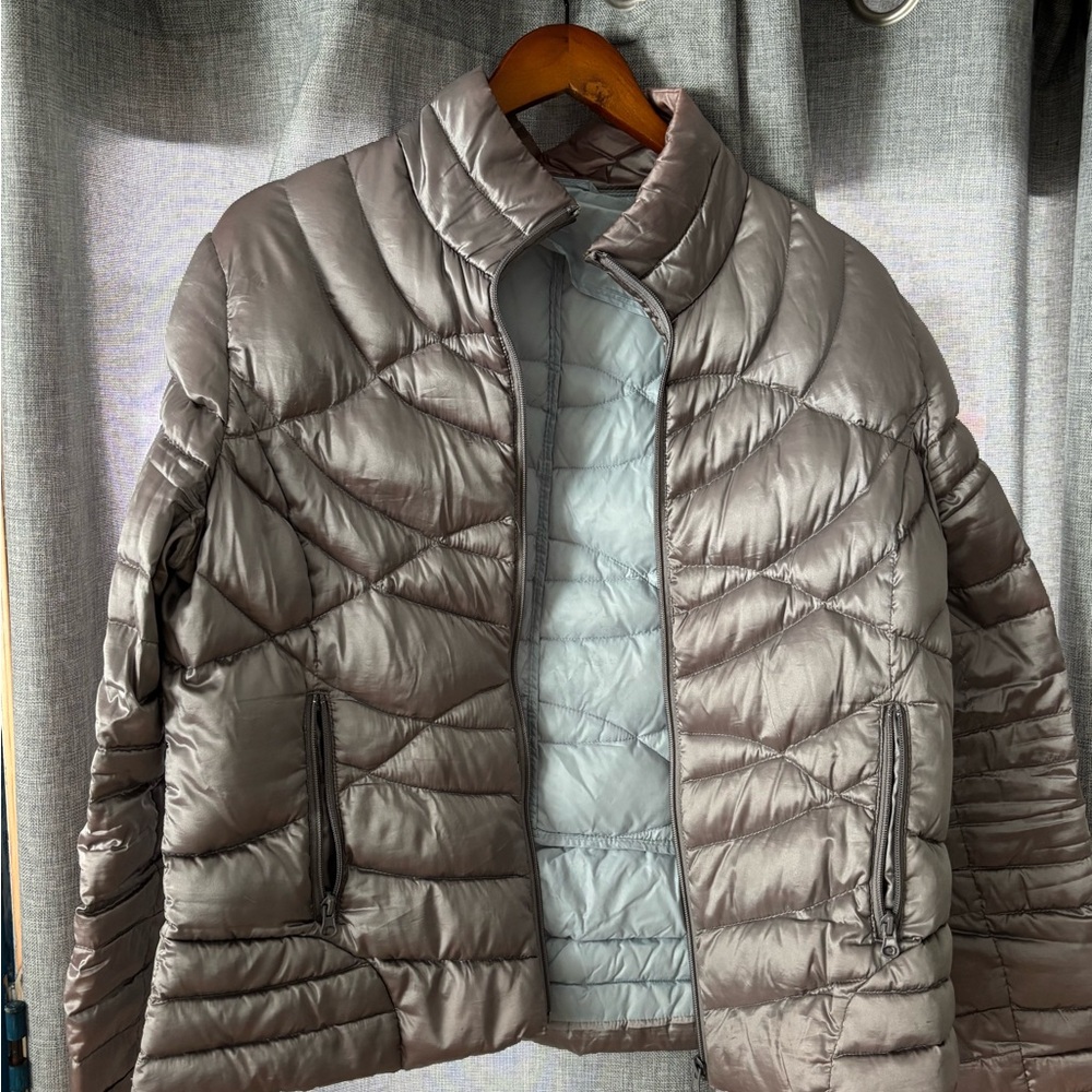 Light weight metallic down jacket. Perfect for travel. Front zipper Size XL